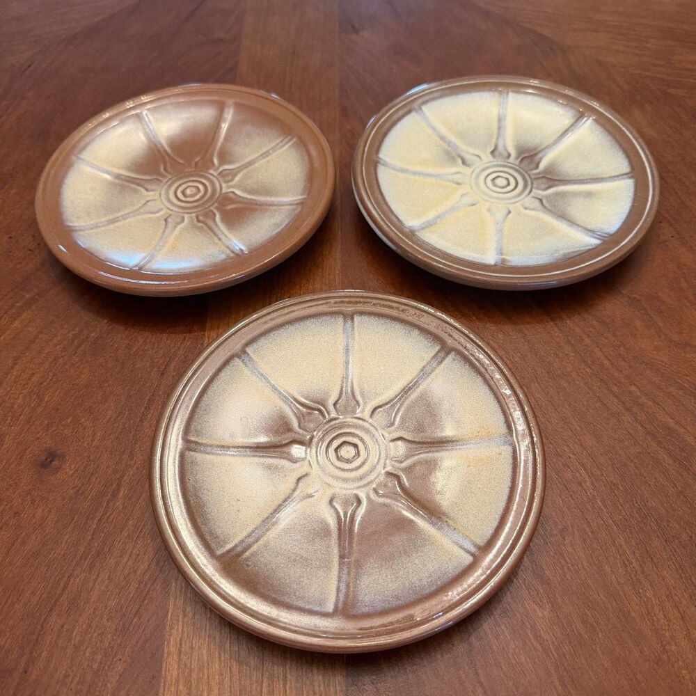Vintage Frankoma Pottery Plates 6 Inch Wagon Wheel 94G Brown Cream Set Of 3